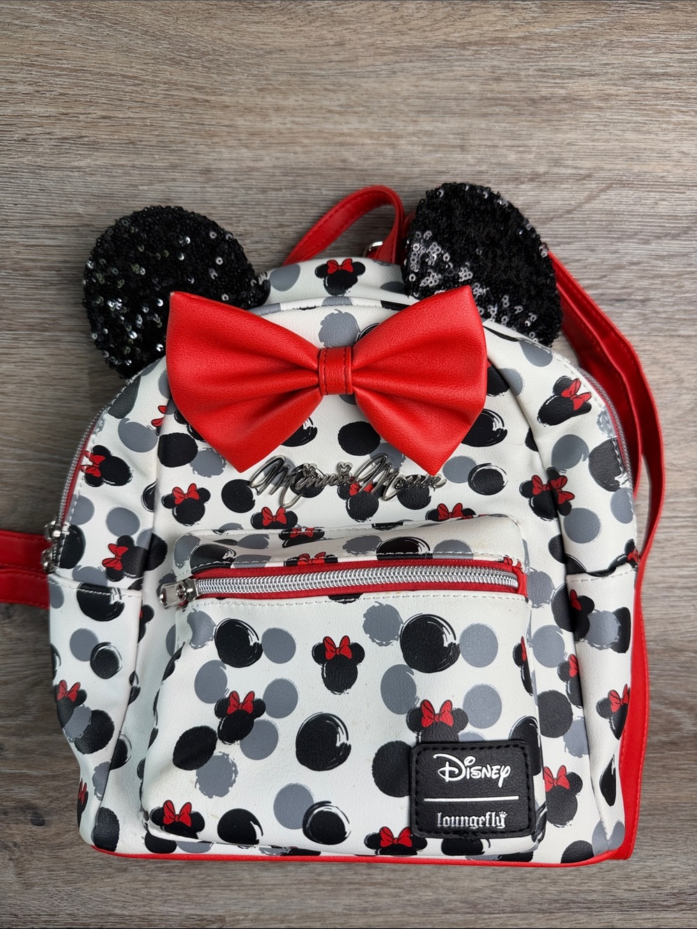 Loungefly Disney Minnie Mouse Mini Backpack Red Bow Black Sequin Ears Vegan